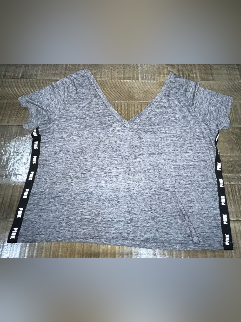 PINK Victoria's Secret Heather Gray V-Neck Crop Tee with Branded Side Tape